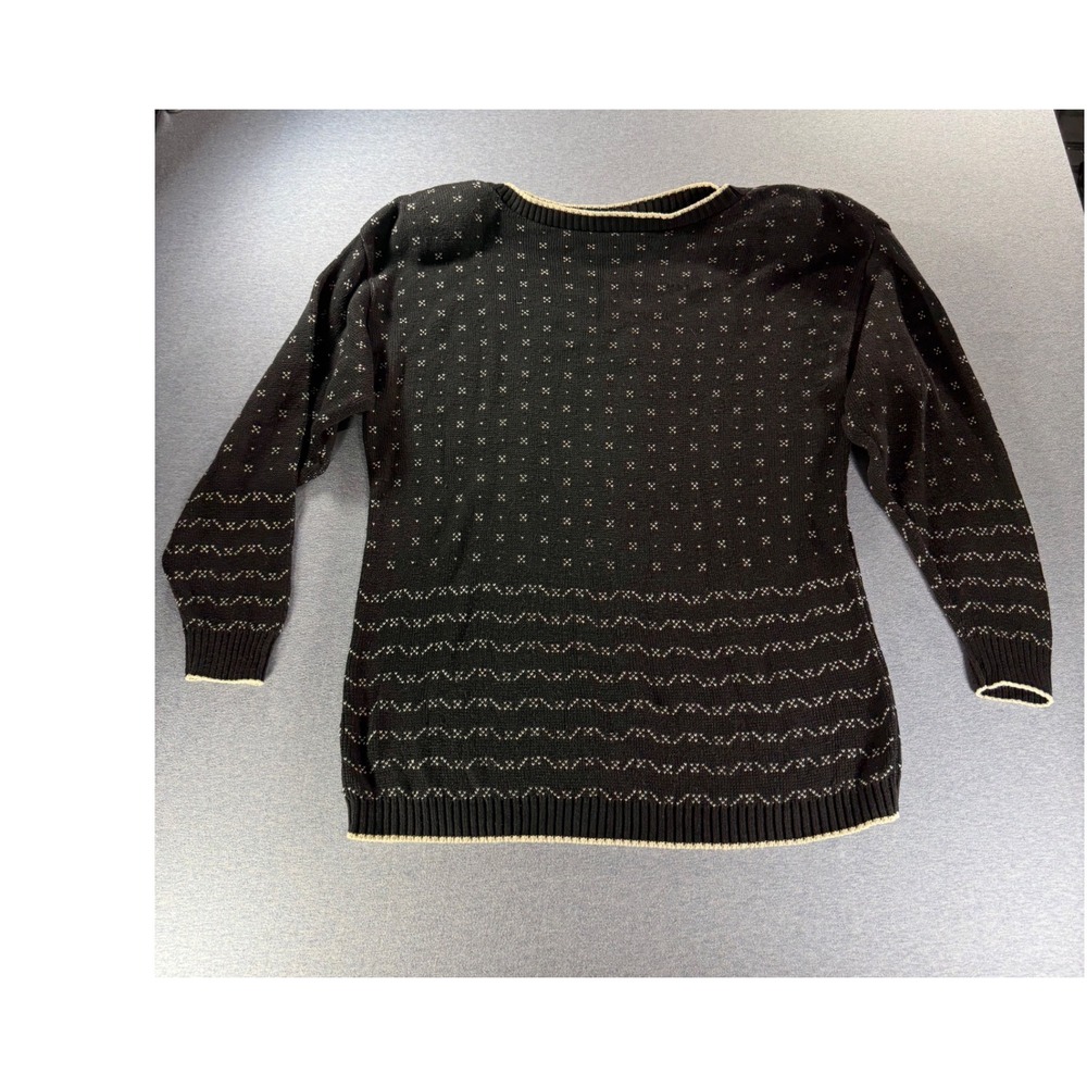 Vintage Lizsport 90s USA Made Black Cotton Geometric Knit Sweater Large